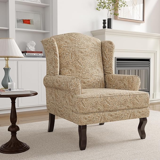 High Back Accent Chairs Set of 2 Comfy Upholstered Fabric Armchair for Living Room Mid Century Modern Club Accent Chair with Solid Wood Legs Single Sofa Reading Chair for Bedroom Paisley Brown