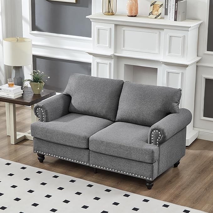 2 Pieses Living Room Sofa Sets Linen Fabric Couch and Loveseat with Nailhead Decor Soild Wood Legs Rolled Armrests &amp Storage 2PCS Sofas 3 Seaters Couch and Love Seat for Living Room Furniture S