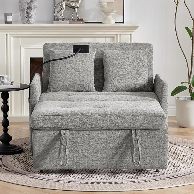 Sleeper Loveseat with USB and Type-C Ports 3 in 1 Convertible Sofa Bed with Phone Holder Pull Out Sofa Bed Loveseat Sleeper Sofa for Living Room Adjustable Backrest Side Pockets Light Grey