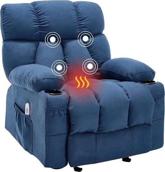 Massage Rocker Recliner Chair with Heat and Vibration Ergonomic Rocking Lounge Chair for Living Room Comfy Overstuffed Recliner with 4 Side Pockets2 Cup Holders USB Charge PortBlue