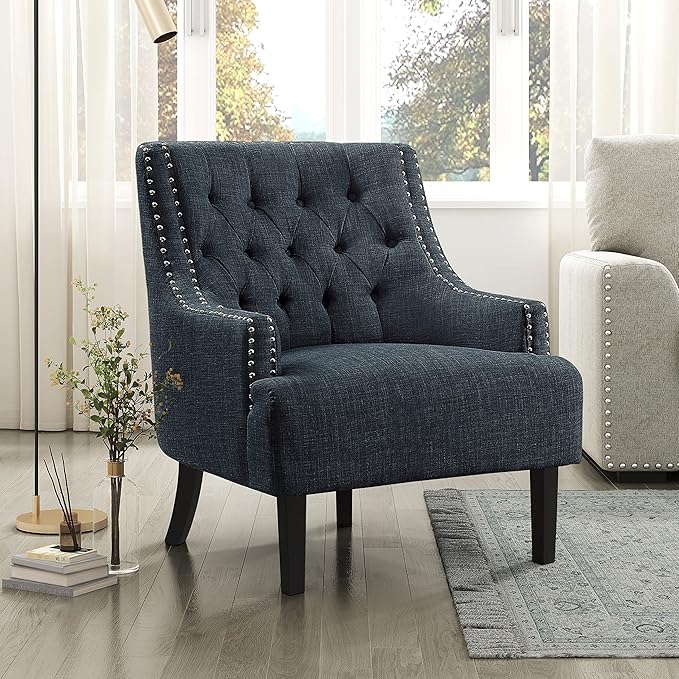 Lexicon Accent Chair Reading Chair Comfy Chair for Bedroom Upholstered Armchair with Solid Wood Frame Tufted Cushion Nail Head Trim Single Sofa Chair for Living Room Office Indigo Chenille