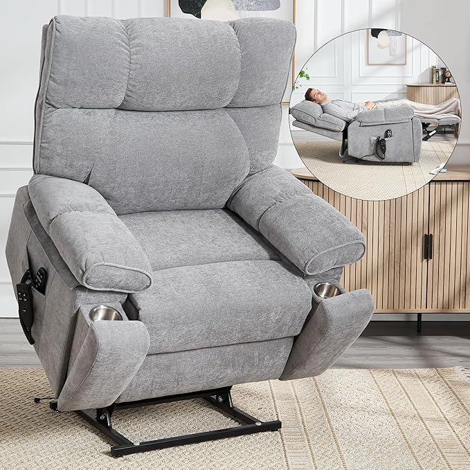 Oversized Power Lift Recliner Chair for Elderly Dual Motor Lift Chair with Vibration Massage &amp Lumbar Heating Standing Assistance Recliner with Cup Holders for Living Room - Chenille Fabric Gra