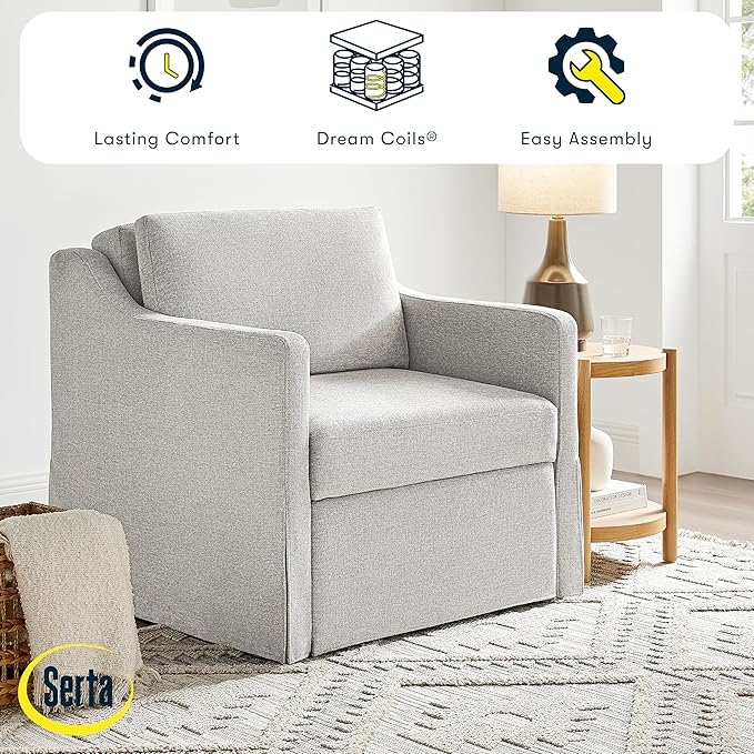 Serta Hawthorne 35 Slipcovered Convertible Accent Chair Cot Size Dreamcoil Comfort Finger Guard Protection Polyester Tweed Fabric Linen