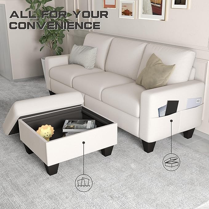 ZeeFu Couch for Living Room - 78'' Beige Linen 3 Seat L-Shaped Sectional Sofa Couches with Storage Ottoman - Modern Small Space Upholstered Furniture Sofa Set for Office Small Space Apartment
