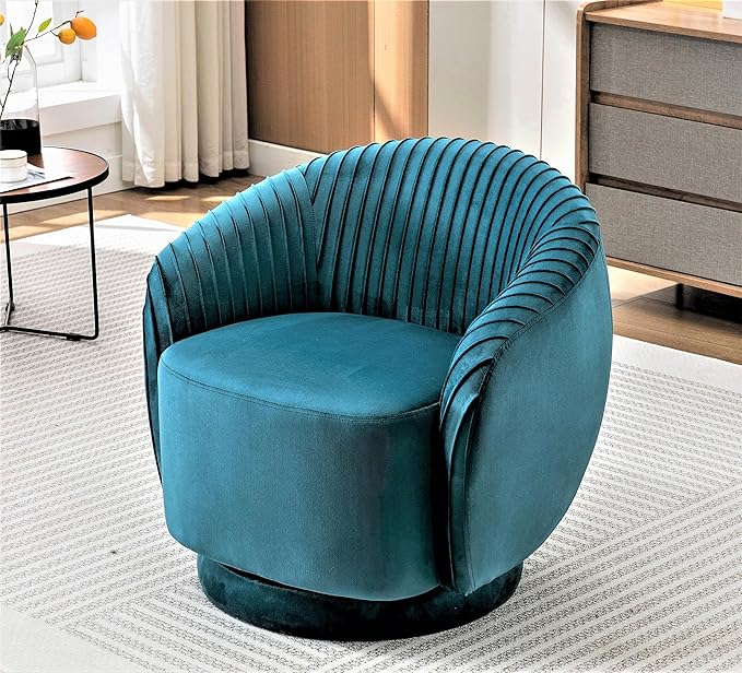 Modern Barrel Swivel Chair with Plush Velvet Upholstery and Smooth 360° Rotation Round Accent One-Seater Sofa for Living Room Bedroom and Office Greenish Blue