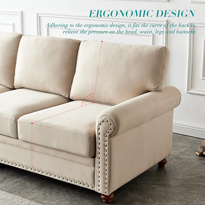 82'' Linen Fabric CouchLiving Room Furniture Sofa Set Rivet Decoration Sectional Sofa Set for Living Room Apply to Office and Home(3 Seater Sofas+Loveseat) Beige