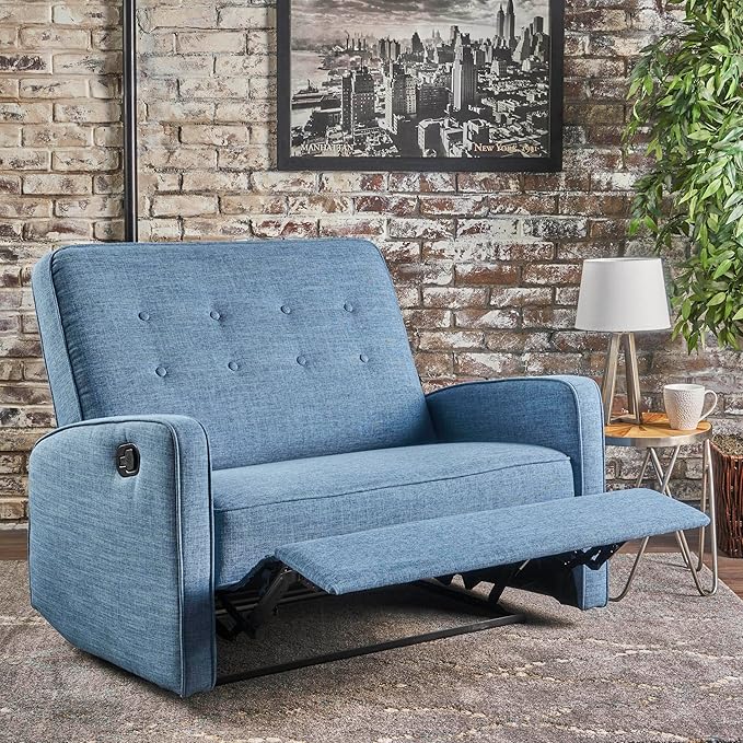 Mid-Century Fabric 47 Wide Rocker Recliner Chair Adjustable Single Recliner Sofa with Thicker Seat Cushion for Living Room Bedroom Apartment (Blue Style2)