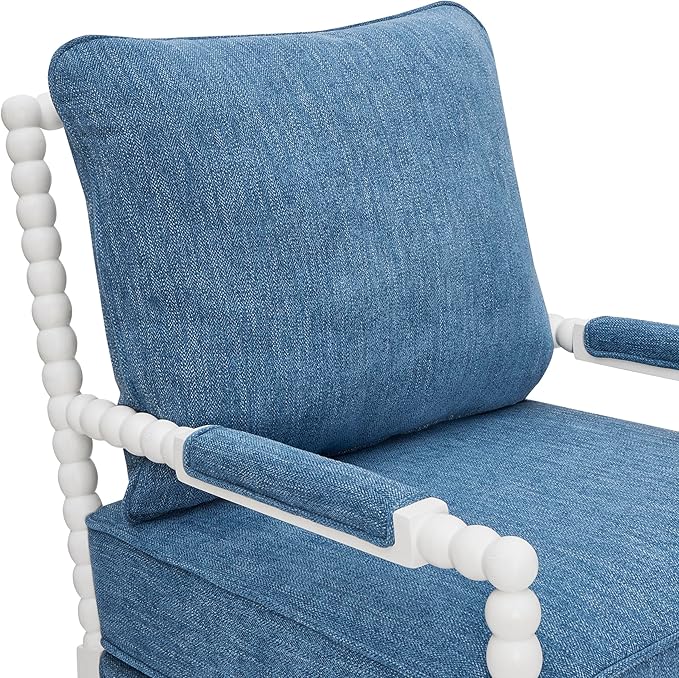 Roundhill Furniture Belvoir Upholstered Spool Accent Chair with Turned Wood Frame Denim Blue with White Finish