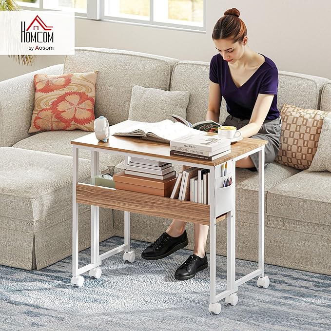HOMCOM Small Folding Desk Rolling Computer Desk Foldable with Storage Bag and Shelf 31.5 Portable Writing Table on Wheels for Small Spaces Home Office Study Easy Assembly Natural Wood