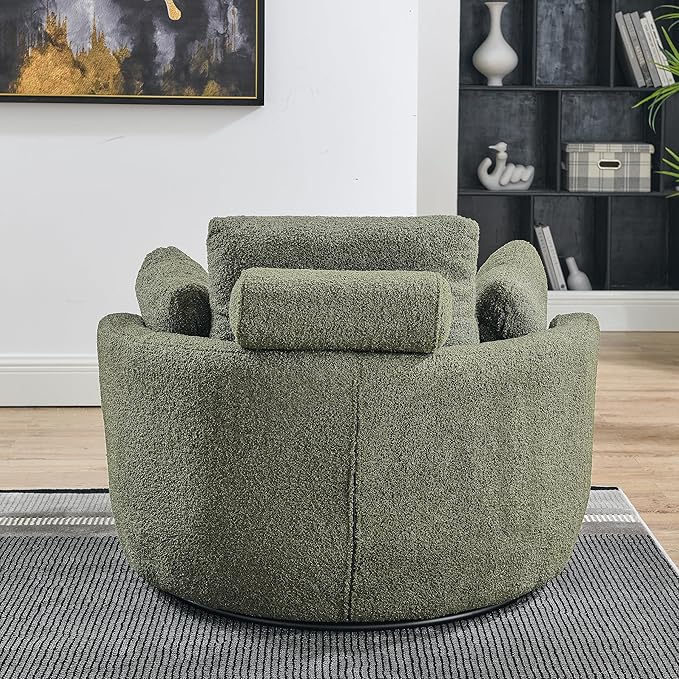 kevinplus Swivel Barrel Chair Accent Chair with Storage Ottoman for Living Room Modern Round Upholstered Single Sofa Couch Chair for Apartment Bedroom Teddy Fabric Green (ø39'' x 30.5'')