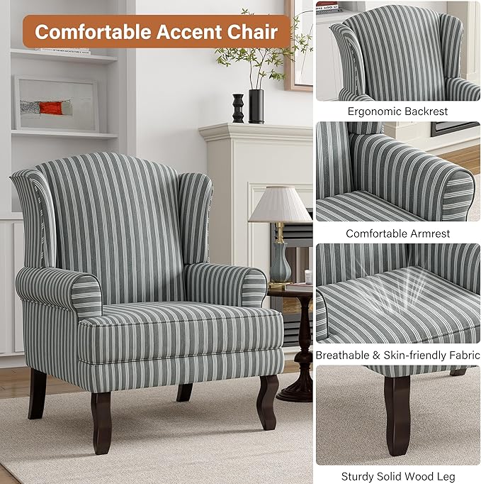 High Back Accent Chairs Set of 2 Comfy Upholstered Fabric Armchair for Living Room Mid Century Modern Club Accent Chair with Solid Wood Legs Single Sofa Reading Chair for Bedroom Gray Stripe
