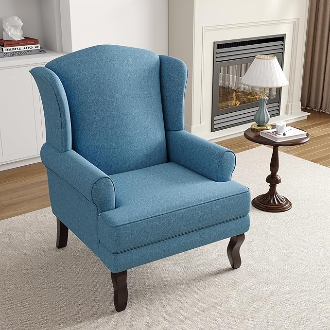 High Back Accent Chairs Set of 2 Comfy Upholstered Fabric Armchair for Living Room Mid Century Modern Club Accent Chair with Solid Wood Legs Single Sofa Reading Chair for Bedroom Sky Blue