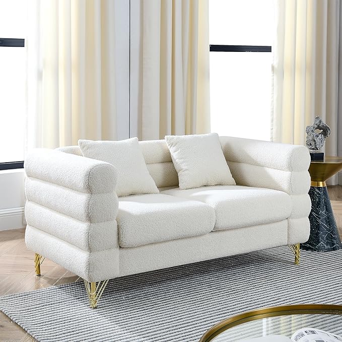 60 W Teddy White Loveseat Sofa Couch with Firm Strcuture &amp Thicken Sponge Comfy Love Seat Couches Sleeper for Living Room Bedroom Small Spaces Mid-Century Modern Furniture