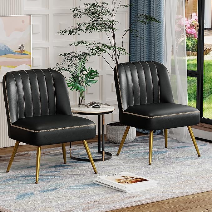 Aklaus Accent Chairs Set of 2 for Living Room Bedroom.Upholstered Reading Chair Faux Leather Modern Corner Chair Armless Chair with Larger Seat Comfy Side Chairs for Office Waiting Room Black