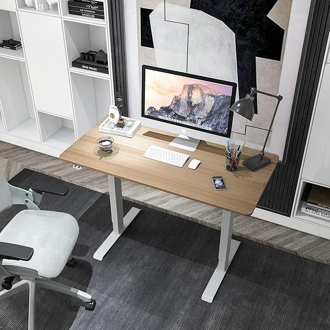 HOMES: Inside + Out Elmfort Modern Adjustable Height Metal 47 in. Standing Desk for Home Office Natural Brown and White