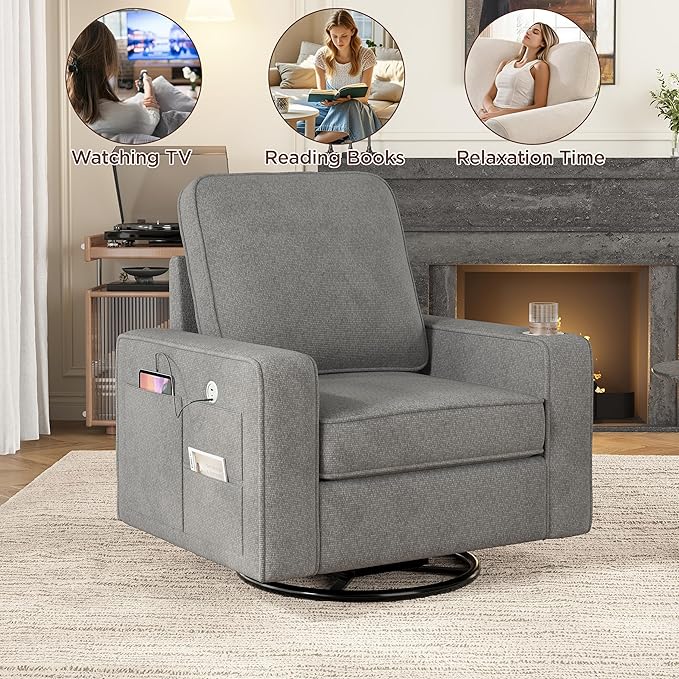 Swivel Square Accent Chair with Wide Armrests360° Rotating Comfy Single Sofa Chairs with USB/Type-CCup Holder &amp Side PocketModern Armchair for Living Room Bedroom Reading Lounge NookLight Grey