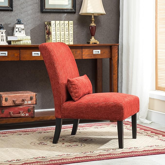 Roundhill Furniture Red Pisano Chenille Fabric Armless Contemporary Accent Chair with Matching Kidney Pillow