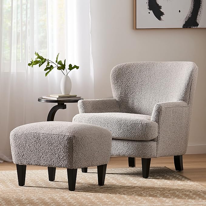 Christopher Knight Home Winnie Boucle Upholstered Wingback Club Chair and Ottoman Set Birch Wood Legs Living Room Accent Armchair with Footrest Bedroom/Reading Room Warm Stone Gray+Matte Black