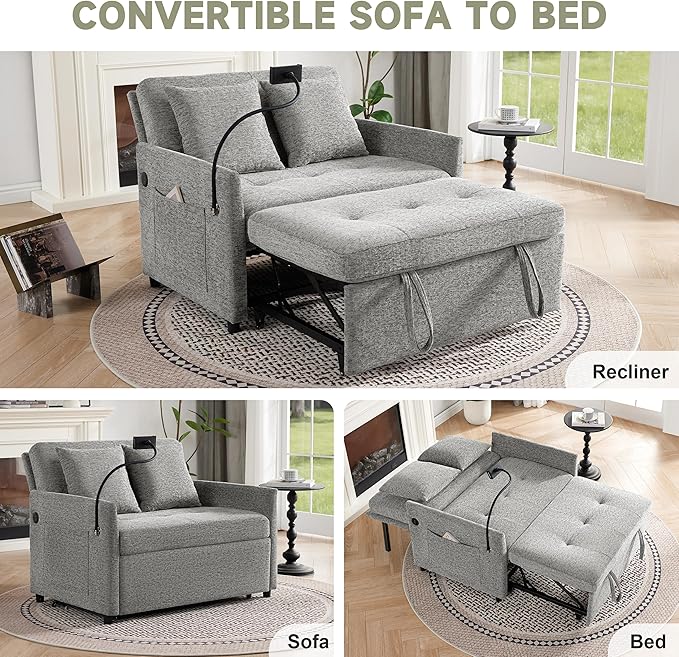Sleeper Loveseat with USB and Type-C Ports 3 in 1 Convertible Sofa Bed with Phone Holder Pull Out Sofa Bed Loveseat Sleeper Sofa for Living Room Adjustable Backrest Side Pockets Light Grey