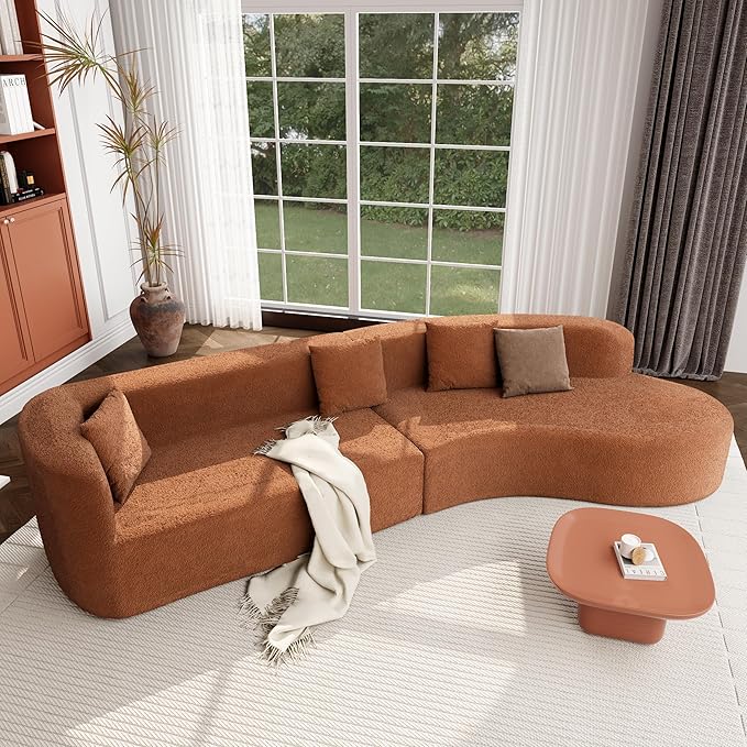 132 Modern Sectional Sofa with Curved Design 2-Piece Chenille Fabric Modular Couch with 4 Pillows Plush Sponge &amp Spring Cushion Large Sponge Modular Sofa for Living Room (Orange-07)