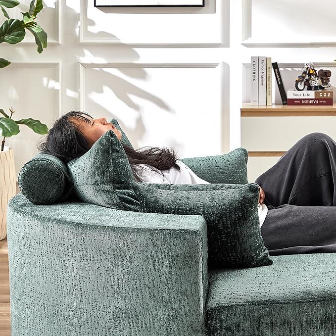 55 Oversized Round Chair Cozy Chenille Upholstered Circle Round Sofa Deep Seat Accent Chair for Living Room Bedroom &amp Reading No Assembly Required Green