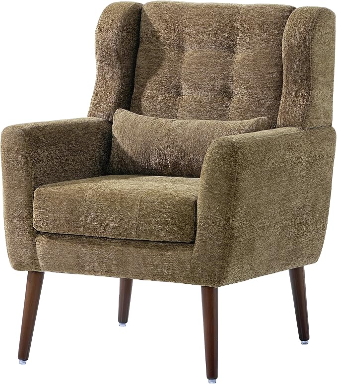 Modern Accent Chair Chenille Armchair for Living Room Upholstered Lounge Chair with Pillow Solid Wood Legs (Olive Green)