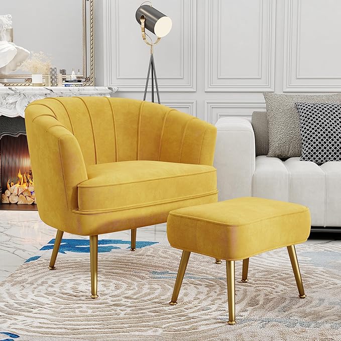 Andeworld Velvet Accent Chair with Ottoman Upholstered Modern Single Sofa Side ChairComfy Barrel Club Living Room Armchair with Golden Metal Legs for Bedroom Living Reading Room Office Yellow