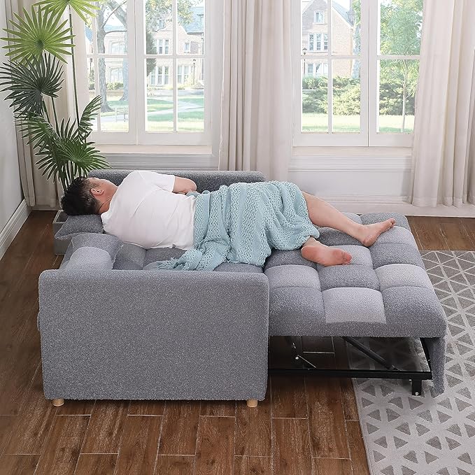 Sleeper Loveseat Pullout Sofa Bed 3 in 1 Convertible Couch Bed Pull Out Sofabed with 2 Pillows Adjustable Backrest Teddy Fabric Grey