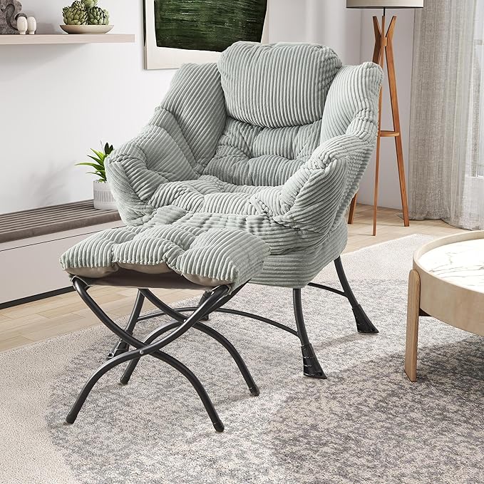 QQU Lazy Lounge Chair with Ottoman Plush Reading Armchair with Footrest &amp Side Pocket Indoor Accent Chair and Ottoman Set for Living Rooms Bedrooms Small Spaces Dorms Apartments Light Green