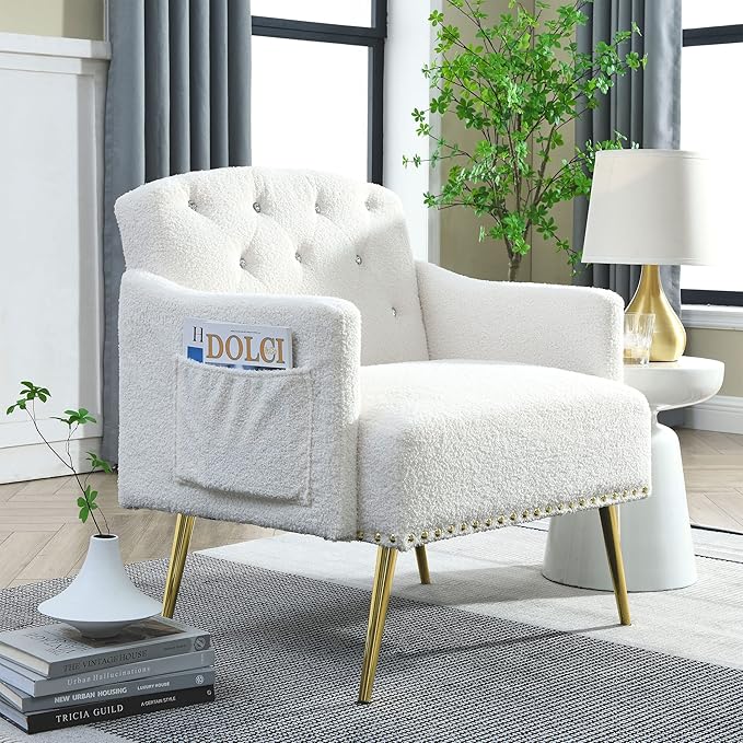 30 W Modern Chesterfield Tufted Upholstered Chair with Deep Buttons Living Room Chair Comfortable Armchair Gold Hardware Legs Tufted Chair for Reading or Relaxing White Teddy