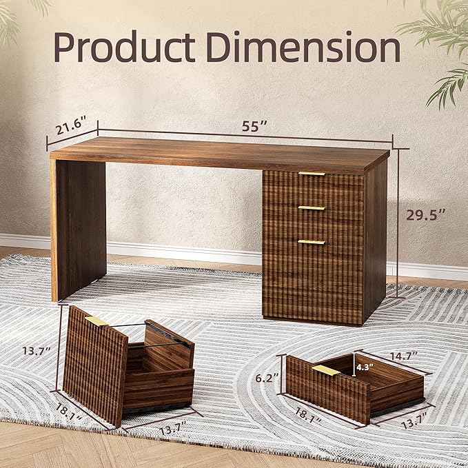 TIQLAB 55 One-Whole Piece Modern Executive Desk with Drawers Home Office Desk with File Cabinet for Letter&ampA4 Size Computer Writing Desk for Study Living Room Bedroom Black Walnut