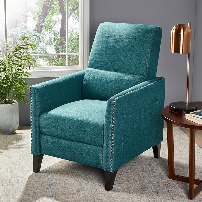 Mid-Century Fabric Rocker Recliner Chair with Tufted Design Adjustable Single Recliner Sofa with Thicker Seat Cushion with Pocket for Living Room Bedroom Apartment (Teal Style2)