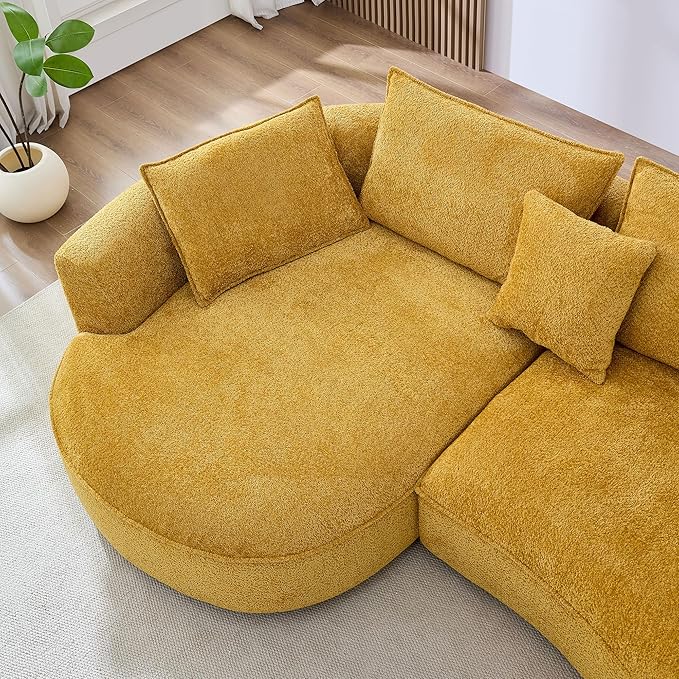 124.8 Yellow Bonded Curved Sofa Living Room Cloud Couch Modern Upholstery Boucle Sofa Comfy Lazy Cream White Modular Sectional Sofa with Pillows for Bedroom Apartment Left Facing