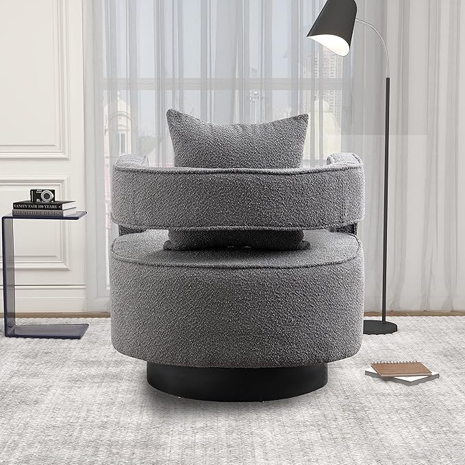 29.0 W Swivel Accent Open Back Chair Modern Comfy Sofa Chair with Black Base for Nursery Bedroom Living Room Hotel Office Club Chair Leisure Arm Chair for Lounge (Gray Boucle)