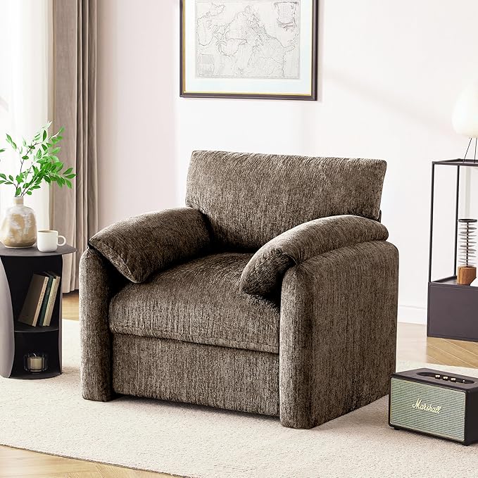 Chenille Oversized Armchair 38.6' Wide Accent Chairs for Living Room &amp Bedroom Modern Lounge Chair Upholstered Mid-Century Reading Chair (Brwon 2 Pack)