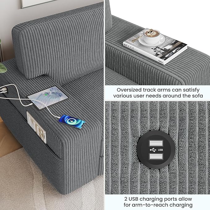 Yaheetech 83.5 W Modern Sofa Couch Corduroy Fabric Sofa with Detachable Cover USB Charging Ports &amp Side Storage Pockets for Living Room Apartment Dark Gray