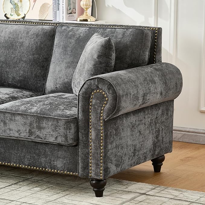 2-Piece Classic Chenille Living Room Sofa Set Chesterfield Sofa Set of 2 for Living Room - Traditional Rolled Arm Couch &amp Loveseat with Nailhead Trim Solid Wood Frame Earthy Tone Upholstery Gr