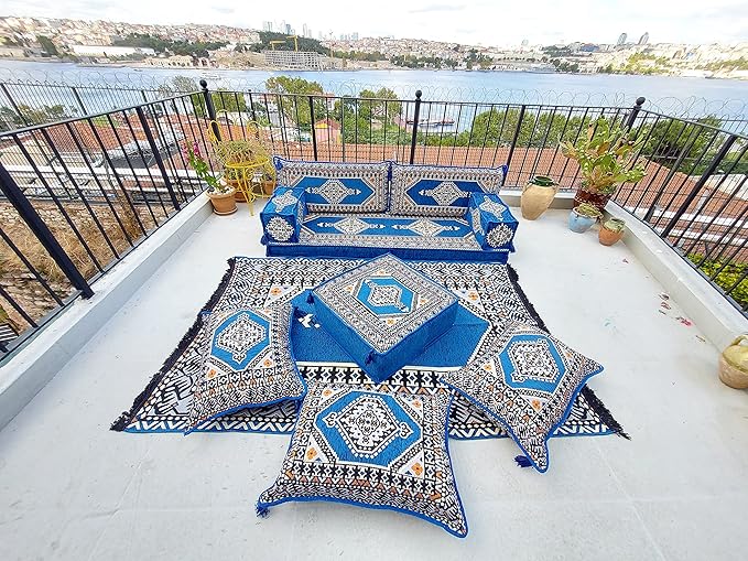 arabicsofa U Shaped Arabic Sofa Set – Royal Blue Modular Floor Seating for Guest Room