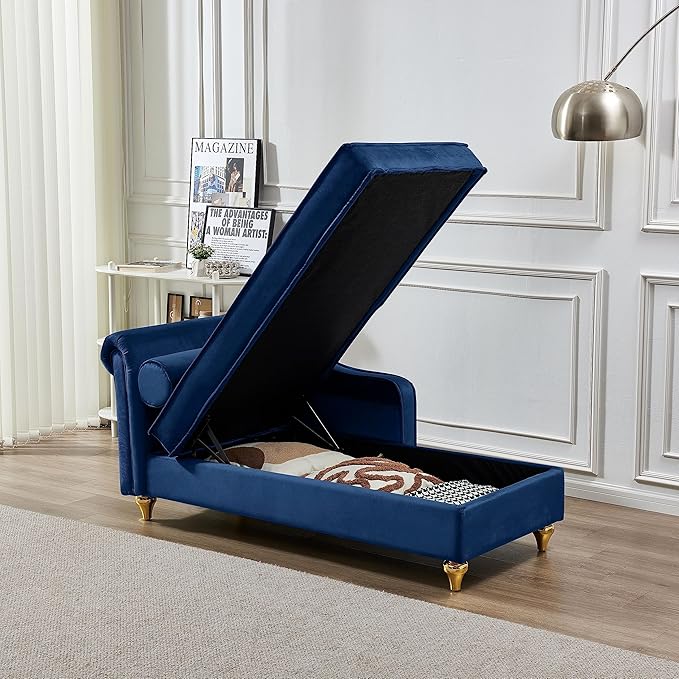 Chaise Lounge IndoorVelvet Lounge Chair with Hidden Storage &amp PillowModern Upholstered Corner Lounge Chair Sofa Bed with Solid Wood Frame for Sleeping Living Room Bedroom Office(Navy Blue)