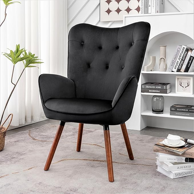 Chic Accent Arm Chairs for Living Room Bedroom or Home Office Button-Tufted Midcentury Armchair with Wingback Design and Splayed Legs Black