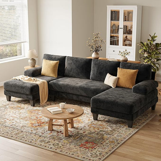 U-Shaped Sectional Couches for Living Room | Cheille Sofa with Double Chaise | 112 Inch Black Sectionals Couch for Apartment