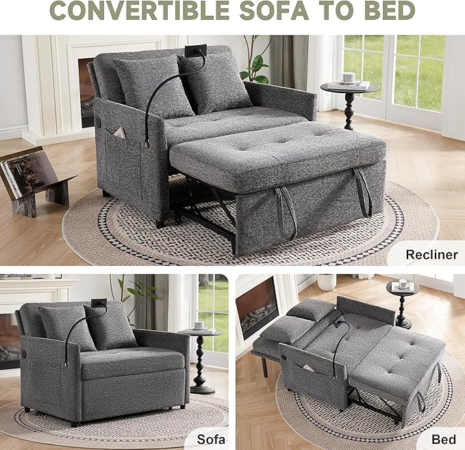 Sleeper Loveseat with USB and Type-C Ports 3 in 1 Convertible Sofa Bed with Phone Holder Pull Out Sofa Bed Loveseat Sleeper Sofa for Living Room Adjustable Backrest Side Pockets Dark Grey