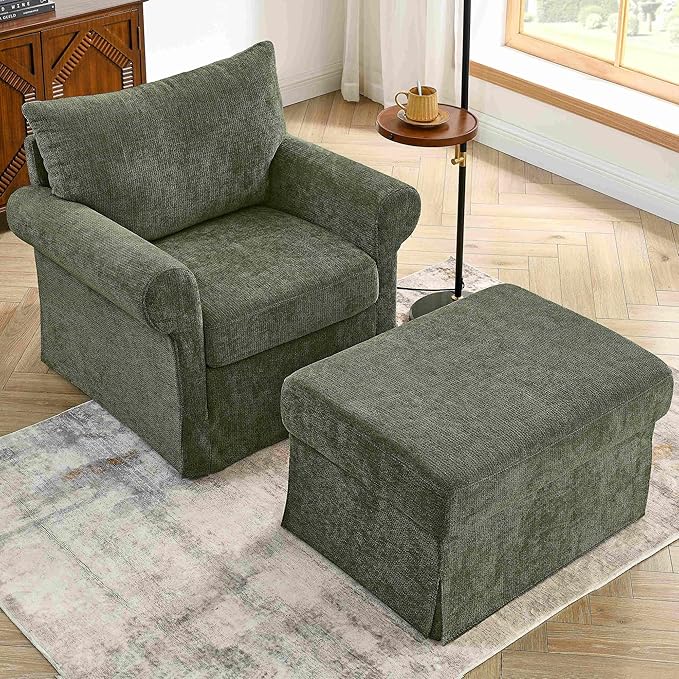 Living Room Chairs with Ottoman Small Accent Chair for Bedroom Single Sofa Couch with Chenille Fabric for Apartment and Small Places (Green)