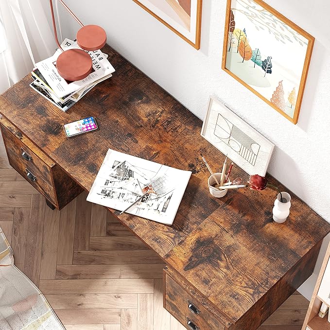 MODERION Computer Desk for Home Office with 4 Large Drawers Rustic Wood Writing Study Table with Metal Frame 59” x 21.7” x 29.5” Easy Assembly Vintage CTSZ20401RC