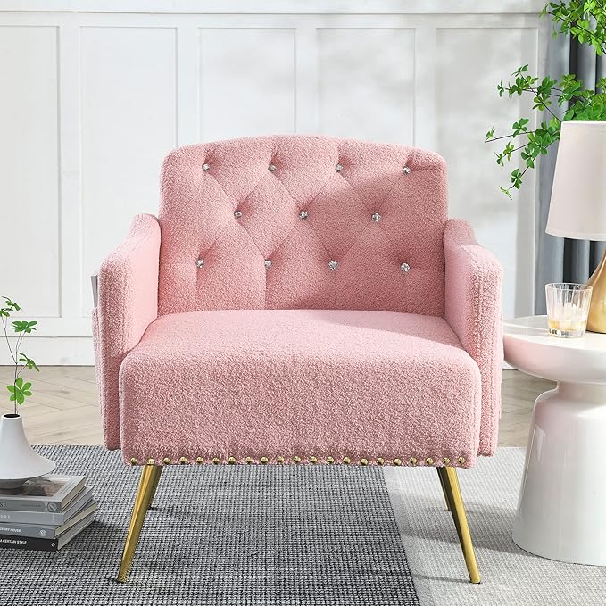 30 W Modern Chesterfield Tufted Upholstered Chair with Deep Buttons Living Room Chair Comfortable Armchair Gold Hardware Legs Tufted Chair for Reading or Relaxing Pink Teddy