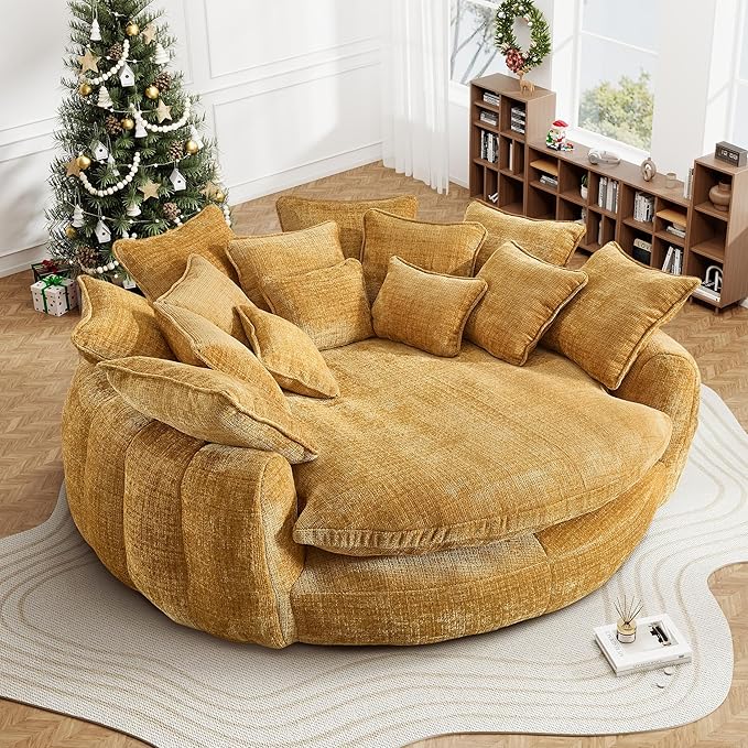 81 Oversized Boneless Round Chaise Lounge Bean Bag Chair Comfy Chenille Reading Chair Fluffy Plush Sofa Bed Large Deep Seat Circle Cloud Couch for Living Room/Apartment/Bedroom Yellow