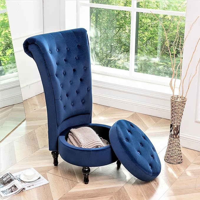Royal High-Back Velvet Accent Chair for Vanity with Storage and Luxurious Upholstery Retro Design and Versatile Usage for Living Room Bedroom Lounge and Office Dark Blue
