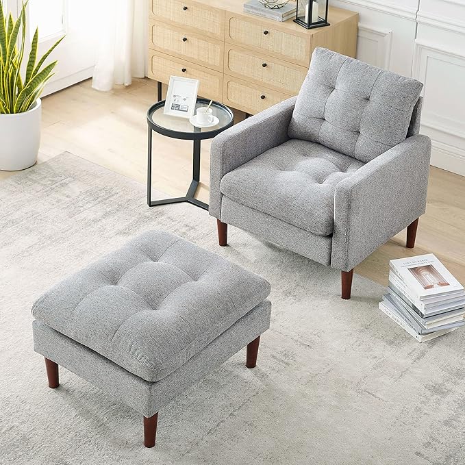 Modern Fabric Single Sofa Chair Living Room Chair Comfortable Armchair with Solid Wood Legs Tufted Chair for Reading or Lounging