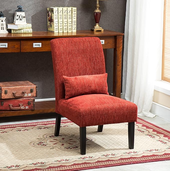 Pisano Red Chenille Armless Accent Chair with Pillow - Modern Contemporary Style for Living Room or Bedroom