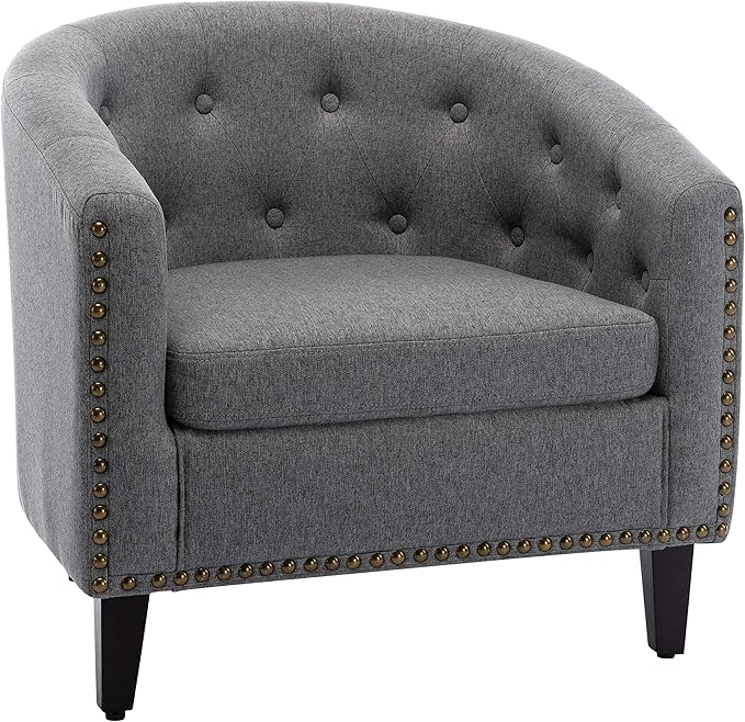 Generic Linen Fabric Tufted Barrel ChairTub Chair for Living Room Bedroom Club Chairs Grey